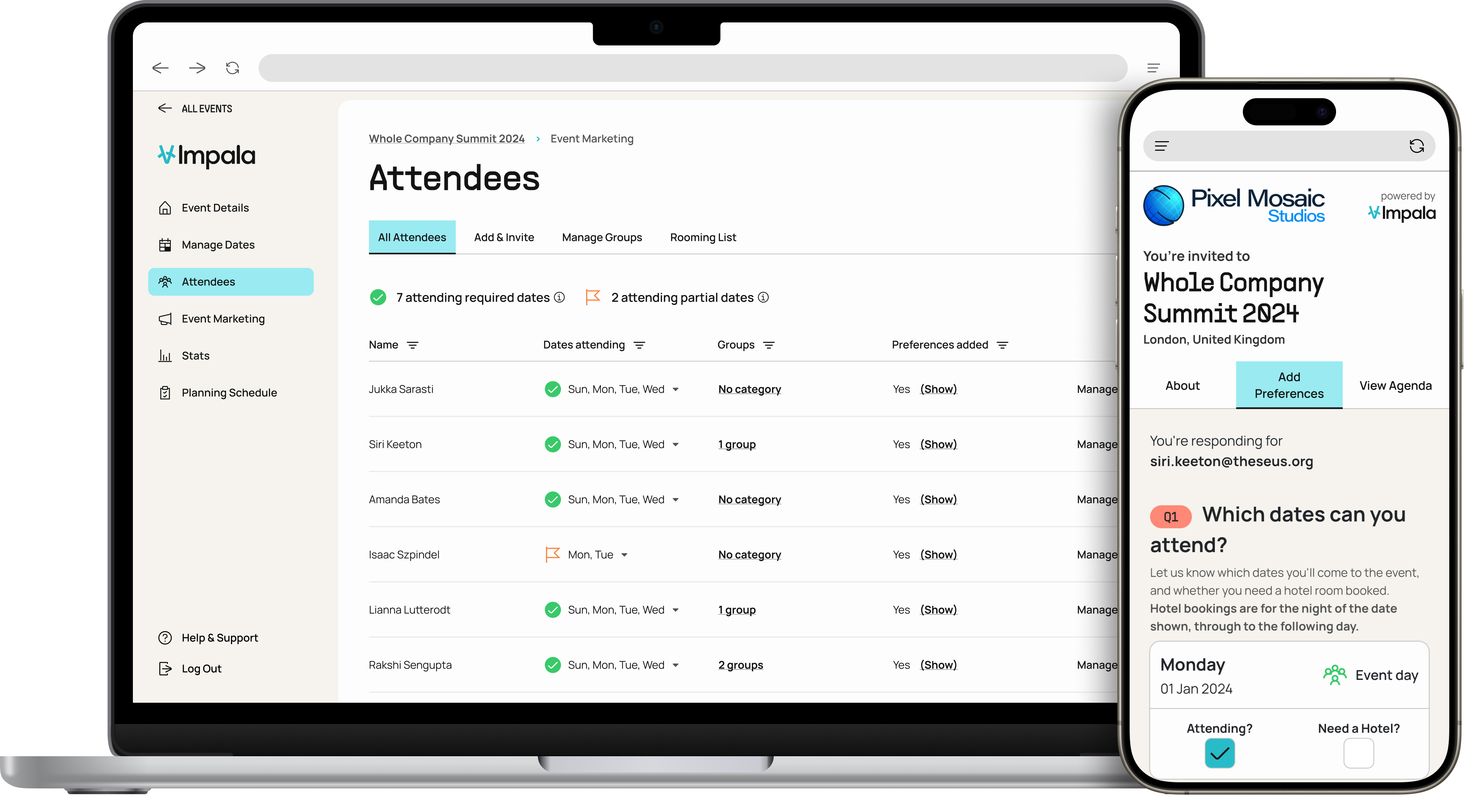 A laptop showing the Impala events software attendee page, shown behind a phone with a form for filling in hotel preferences.